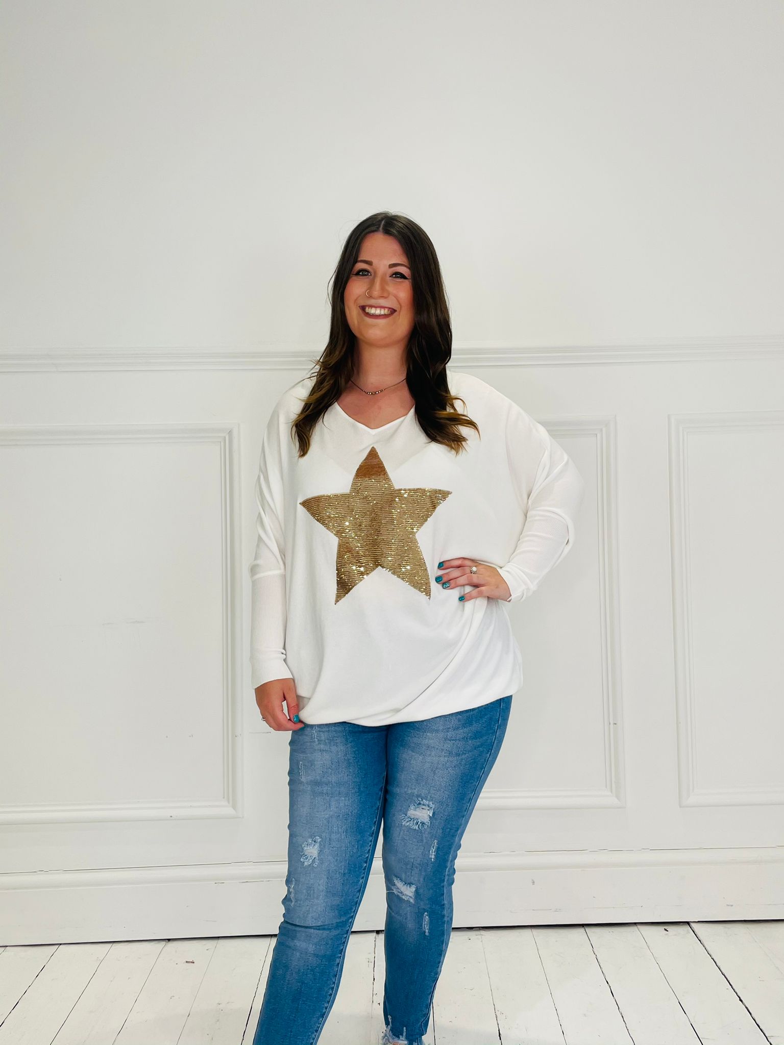 LUNA White Star Jumper (ONE SIZE, Fits 